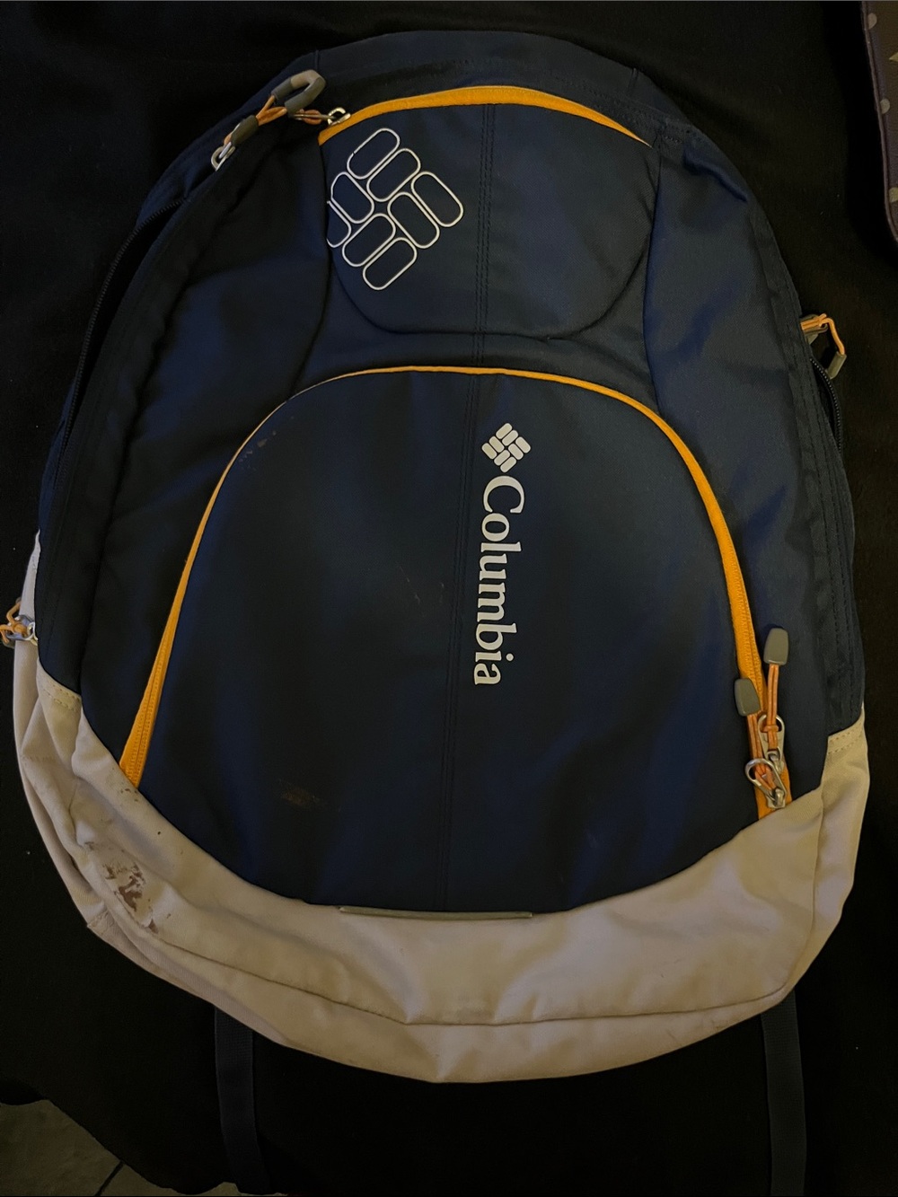Columbia Navy Backpack with Tan Base and Yellow Trim